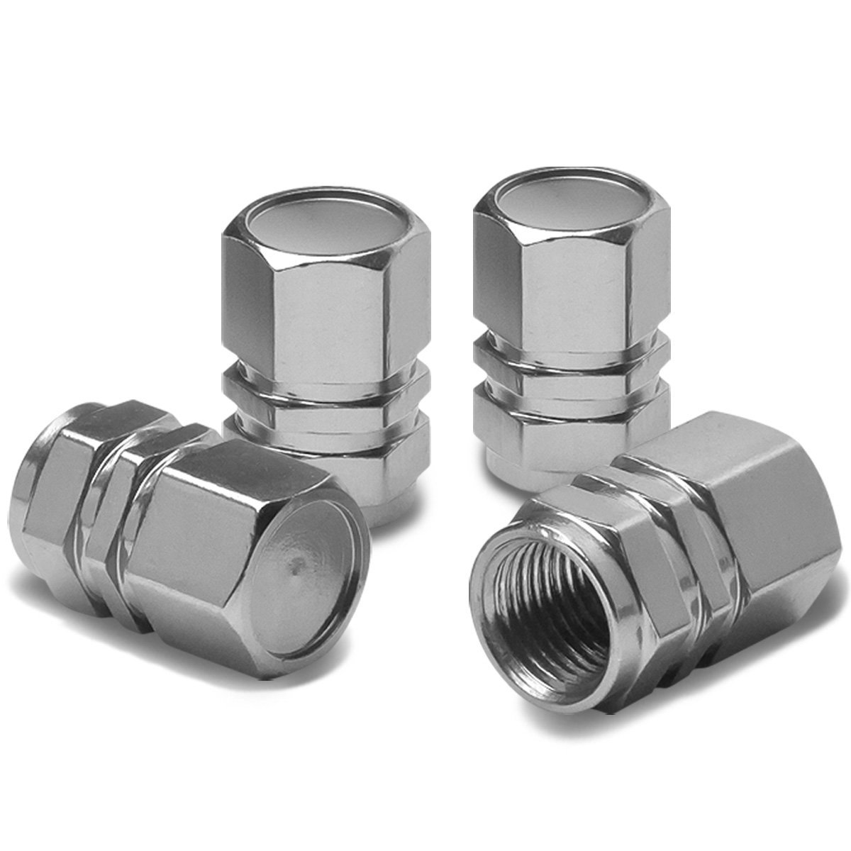 Hexagon Style Polished Aluminum Silver Chrome Tire Valve Stem Caps Pack of 4 
